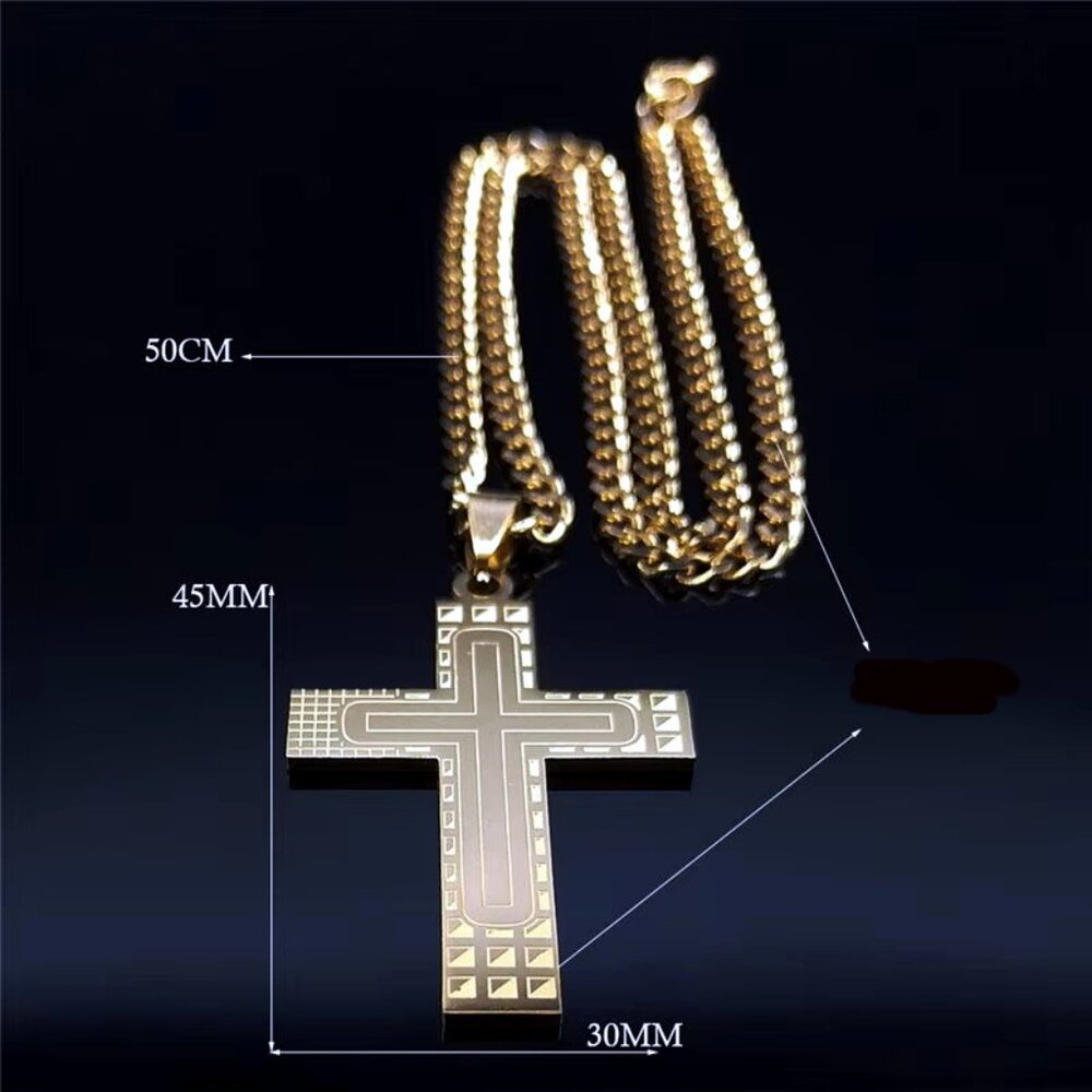 Geometric Design Crucifix Necklace Stainless Steel Gold Color Pendant 19" Chain - Picture 2 of 4